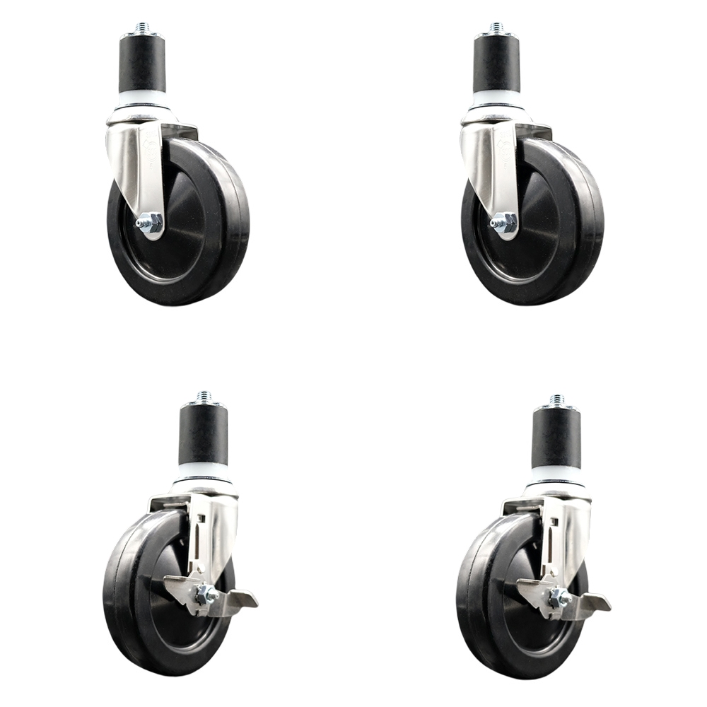 Soft Rubber Swivel Stem Caster with 5 in. Caster Wheels 1.75 in. Expanding Stems 316 Stainless Steel Casters - Set of 4
