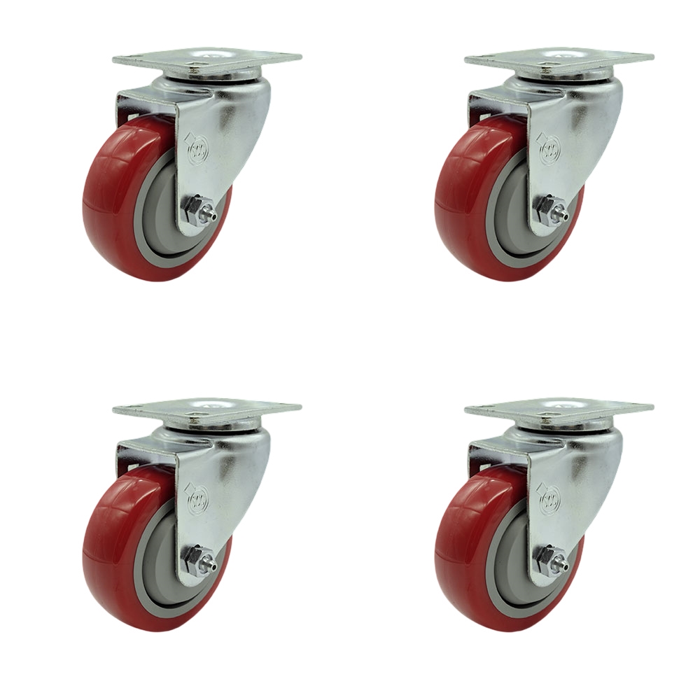 SCC-20S3514-PPUB-RED-TP2-4 Swivel Caster with 3.5 in. Red Polyurethane Wheel - 3.13 x 4.13 in. Overall Top Plate - Set of 4