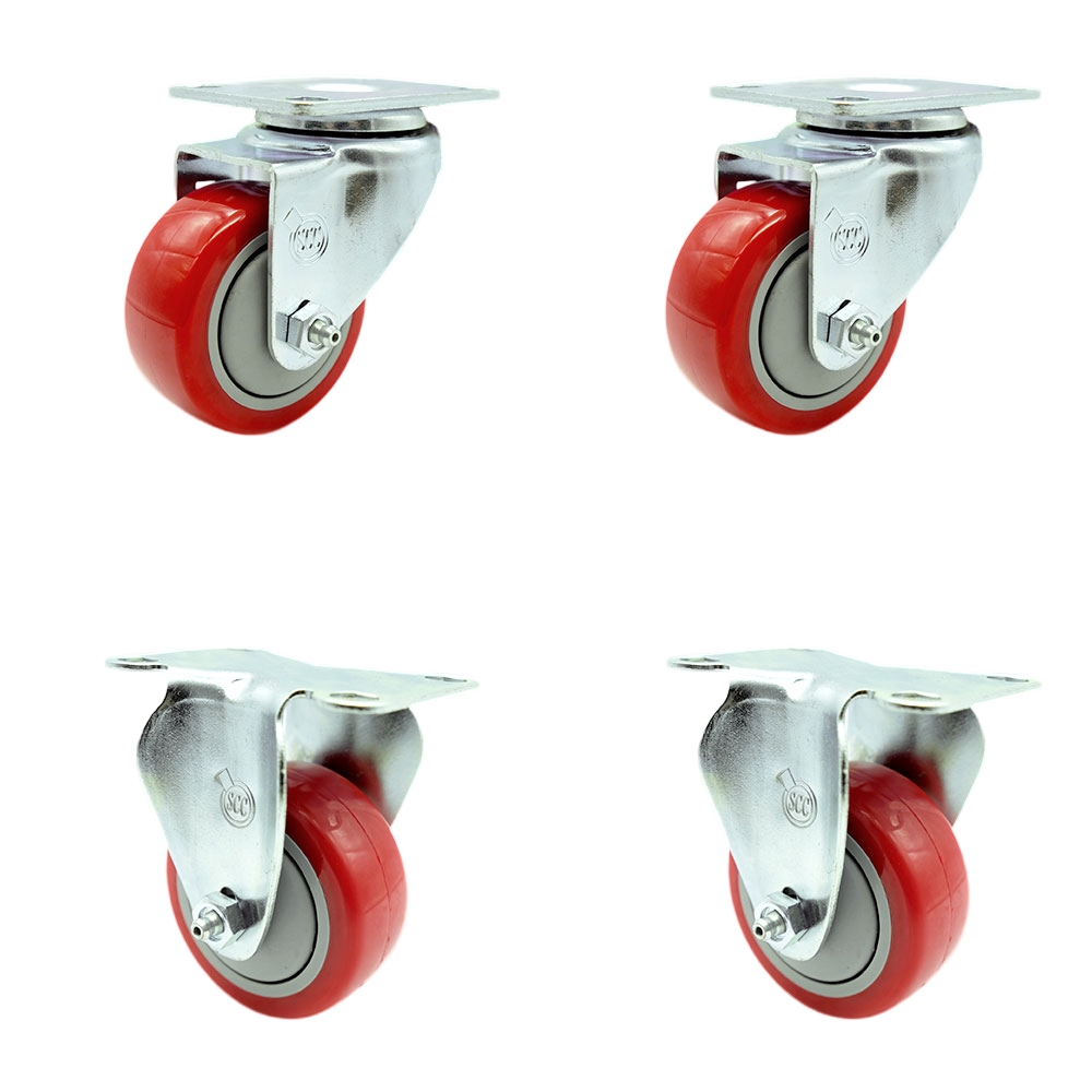 SCC-20S3514-PPUB-RED-TP2-2-R-2 Swivel Caster with 2 Rigid Casters, 3.5 in. Red Polyurethane Wheel - 3.13 x 4.13 in. Overall Top Plate - Set of 4