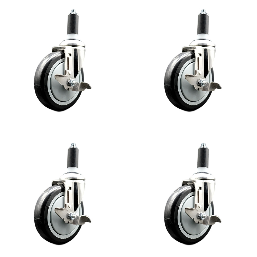Polyurethane Swivel Stem Caster with 5 in. Black Caster Wheels, 1.25 in. Expanding Stems - 316 Stainless Steel Casters - Set of 4