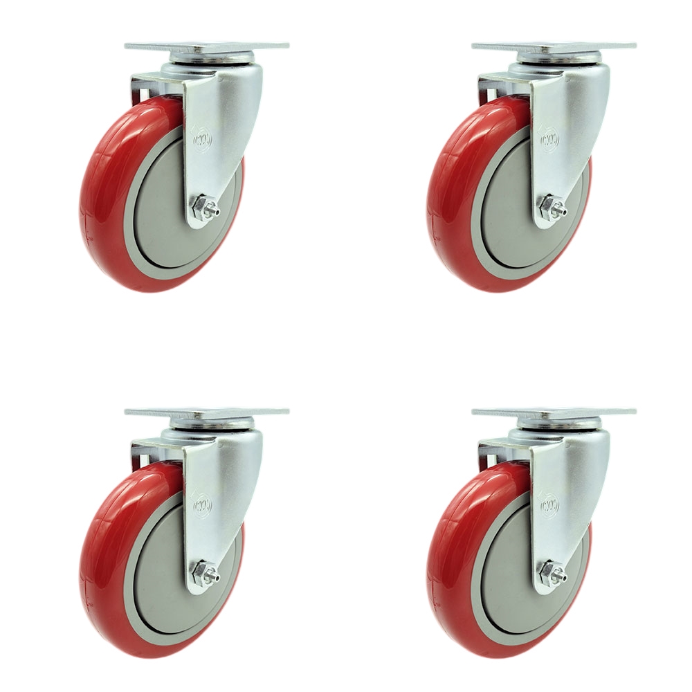 SCC-20S514-PPUB-RED-TP2-4 Swivel Caster with 5 in. Red Polyurethane Wheel - 3.13 x 4.13 in. Overall Top Plate - Set of 4