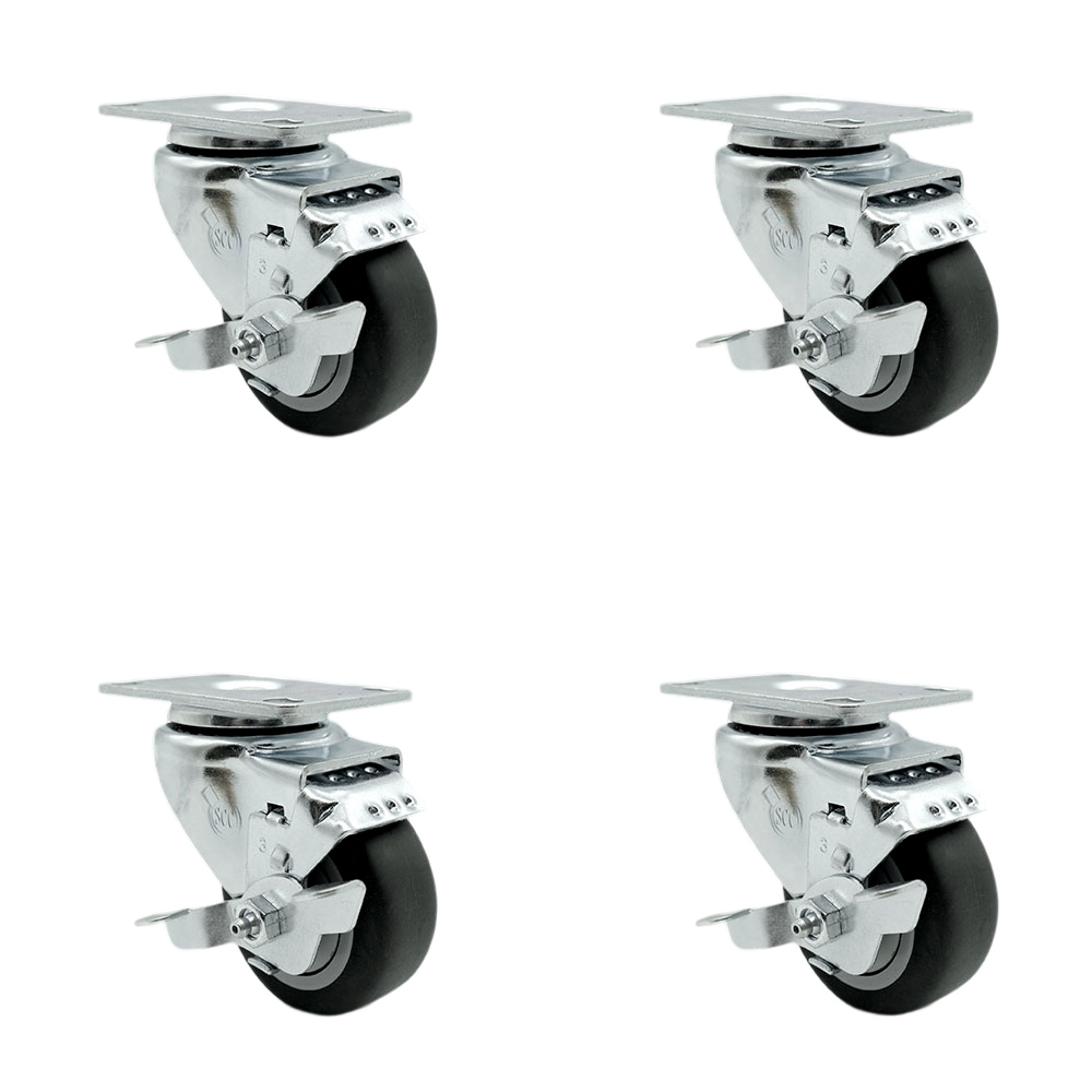 SCC-20S314-TPRB-TLB-TP2-4 Swivel Caster with Brakes & 3 in. Thermoplastic Rubber Wheel - 3.13 x 4.13 in. Overall Top Plate - Set of 4