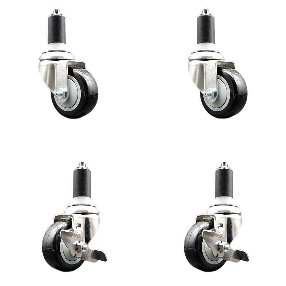 Polyurethane Swivel Stem Caster with 3 in. Black Caster Wheels, 1.38 in. Expanding Stems - 316 Stainless Steel Casters - Set of 4