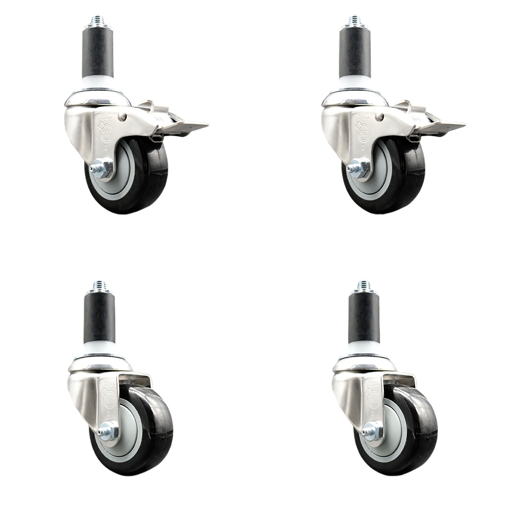 Polyurethane Swivel Stem Caster with 3 in. Black Caster Wheels, 1.38 in. Expanding Stem - 316 Stainless Steel Casters - Set of 4