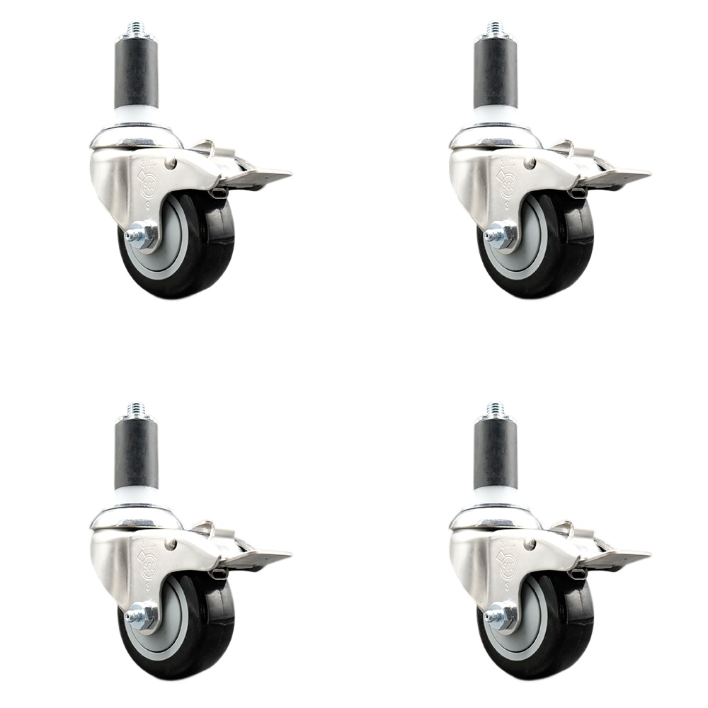 Polyurethane Swivel Stem Caster with 3.5 in. Black Caster Wheels, 1.38 in. Expanding Stems - 316 Stainless Steel Casters - Set of 4