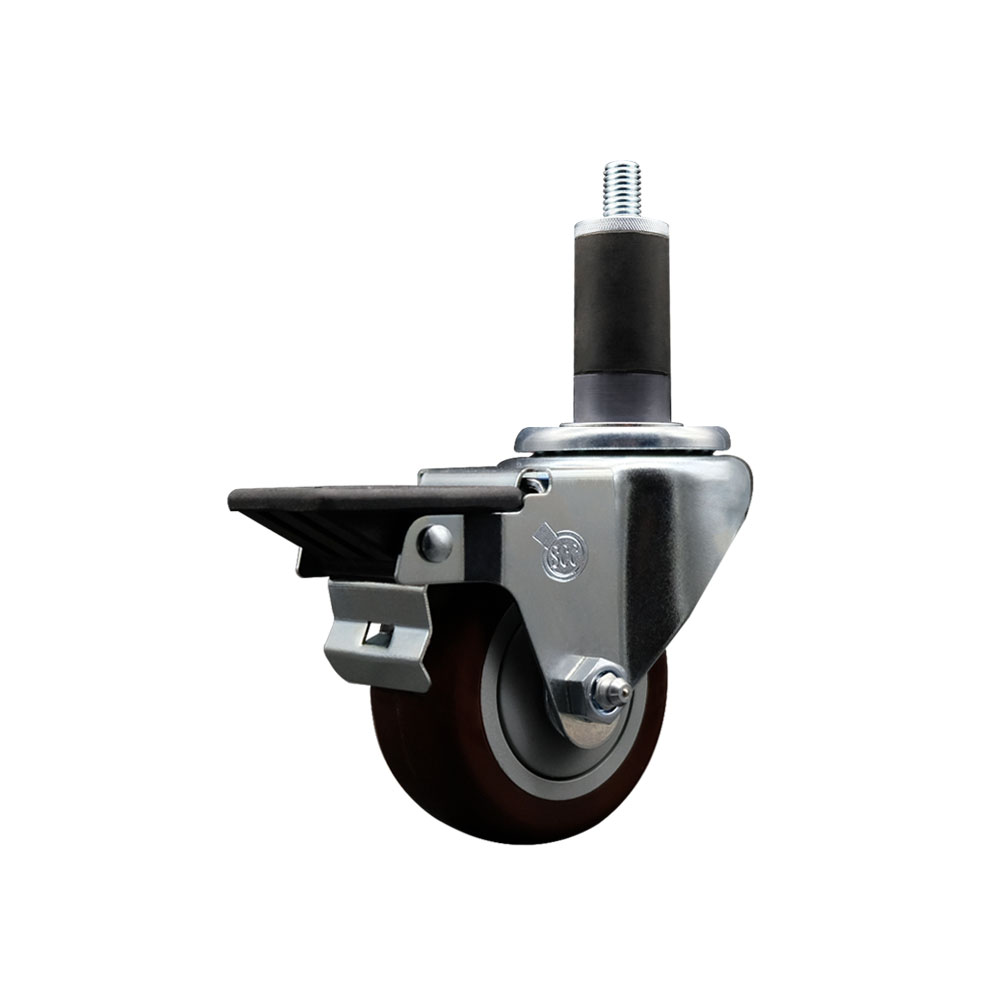 SCC-EX20S314-PPUB-MRN-PLB-114 Polyurethane Expanding Stem Swivel Caster with 3 in. Maroon Wheel & 1.25 in. Stem & Posi Locking Brake