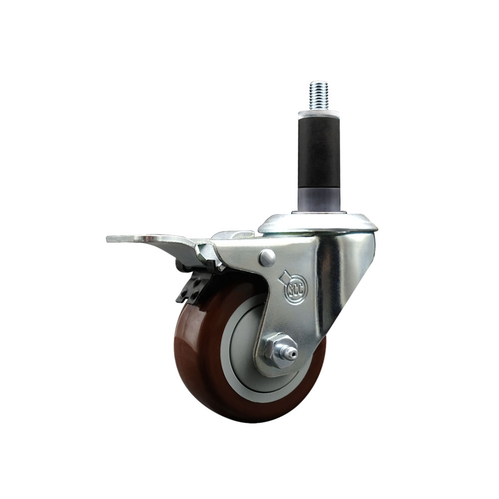 Stainless Steel Polyurethane Expanding Stem Swivel Caster with 3 in. Maroon Wheel & 1.13 in. Stem & Total Locking Brake
