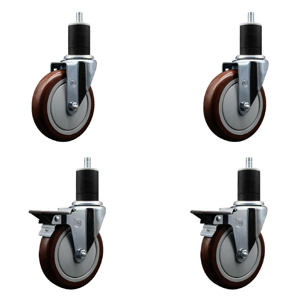 SCC-EX20S514-PPUB-MRN-2-PLB-2-134 Polyurethane Swivel Expanding Stem Caster with 5 in. Maroon Wheels & 1.75 in. Stems - Set of 4