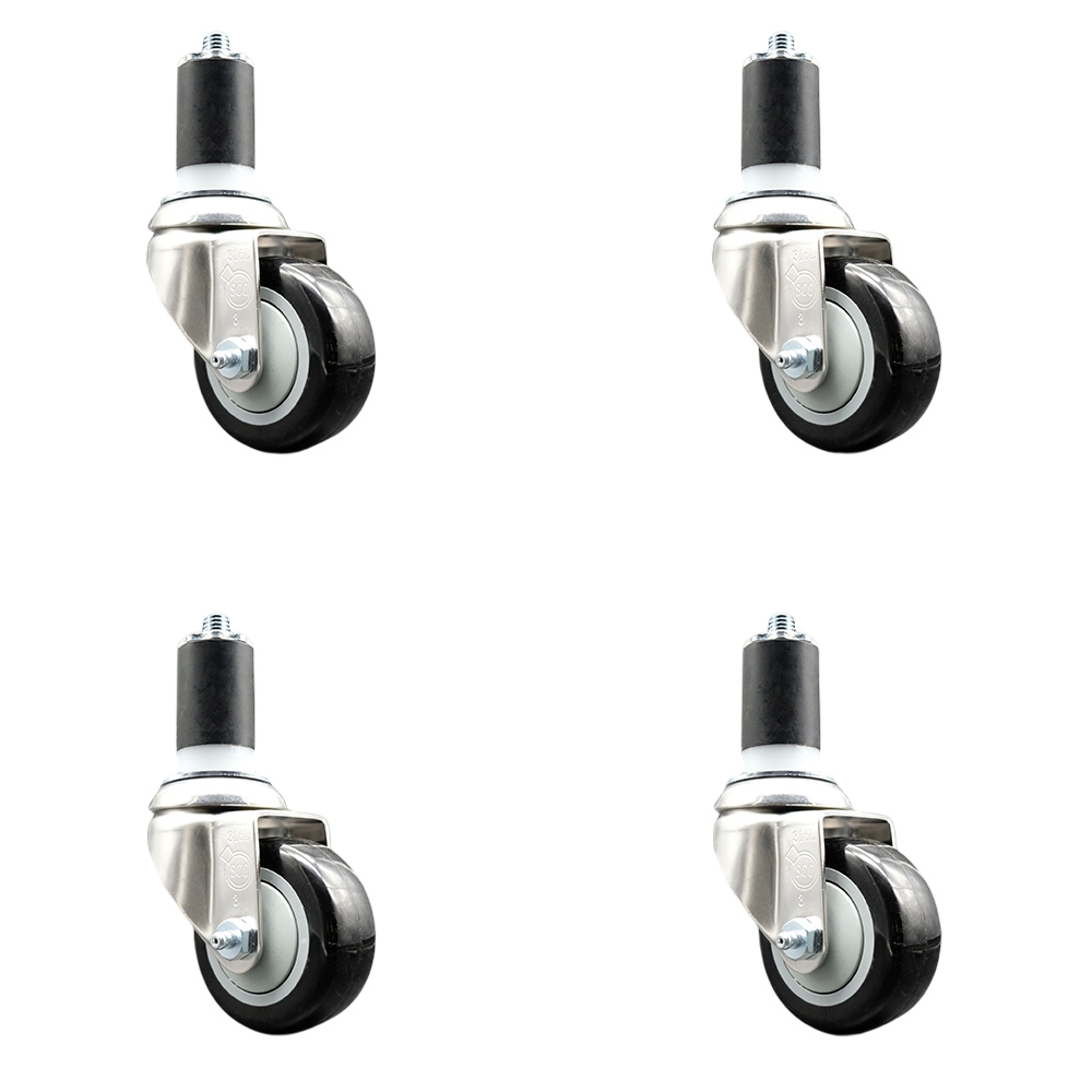 Polyurethane Swivel Stem Caster with 3 in. Black Caster Wheels, 1.5 in. Expanding Stems - 316 Stainless Steel Casters - Set of 4