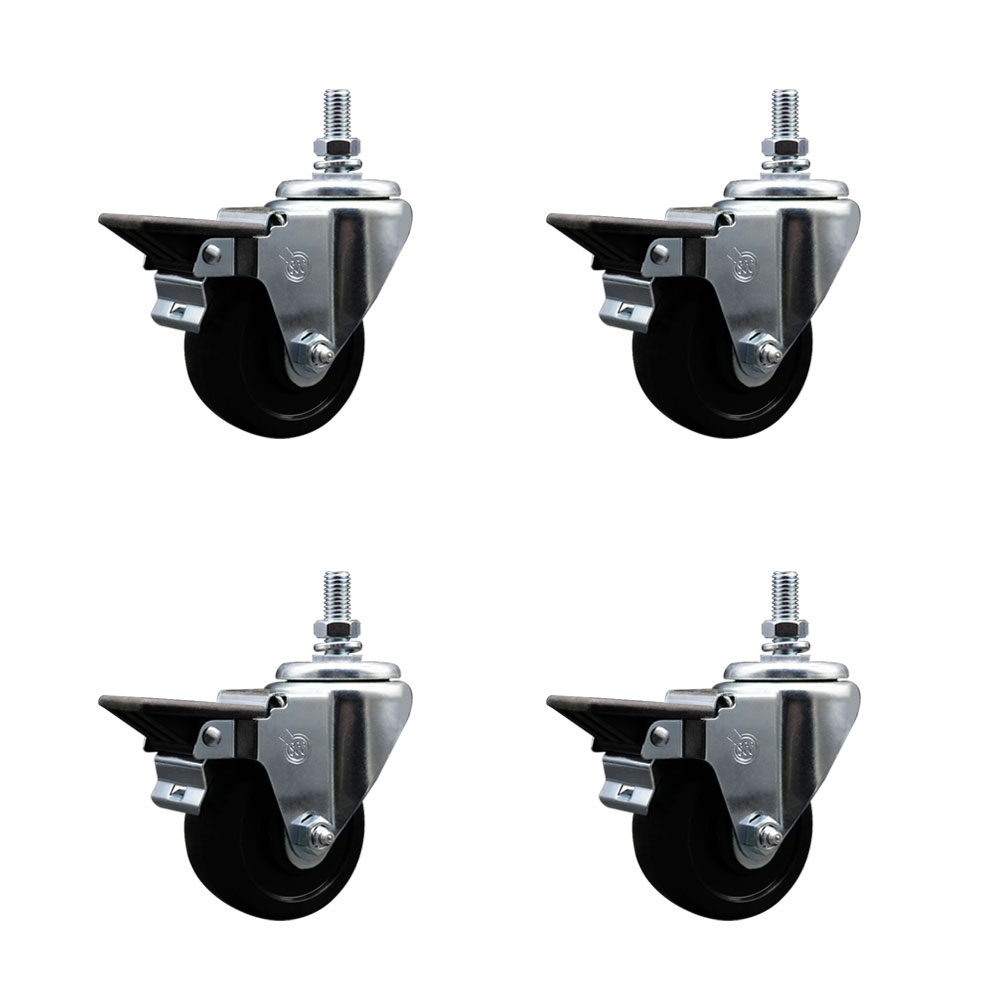 SCC-TS20S314-SRS-PLB-121315-4 Soft Rubber Swivel Threaded Stem Caster with 3 x 1.25 in. Black Wheels & 0.5 in. Stems - Set of 4
