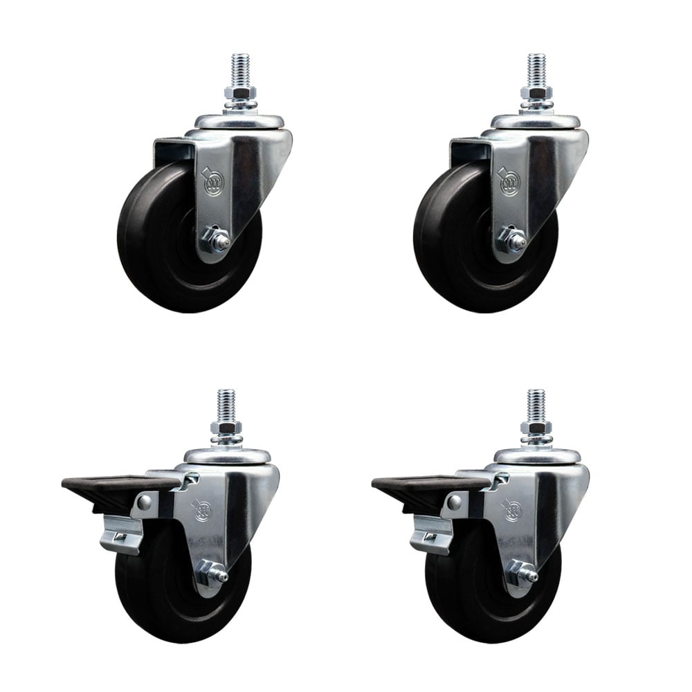 SCC-TS20S3514-SRS-121315-2-PLB-2 Soft Rubber Swivel Threaded Stem Caster with 3.5 x 1.25 in. Black Wheels & 0.5 in. Stems - Set of 4