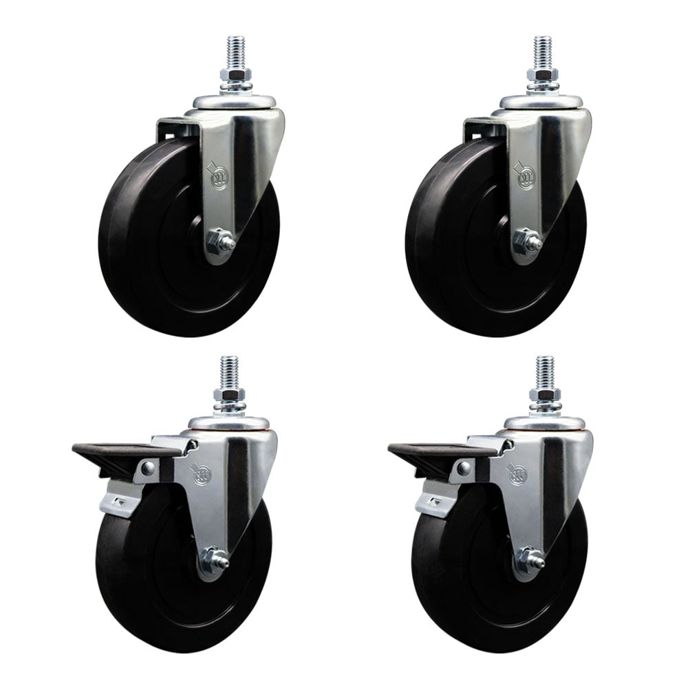 SCC-TS20S514-SRS-M1015-2-PLB-2 Soft Rubber Swivel Threaded Stem Caster with 5 x 1.25 in. Black Wheels & 10 mm Stems - Set of 4