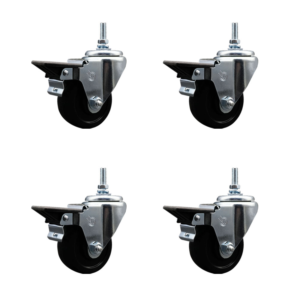 SCC-TS20S314-SRS-PLB-M1215-4 Soft Rubber Swivel Threaded Stem Caster with 3 x 1.25 in. Black Wheels & 12 mm Stems - Set of 4