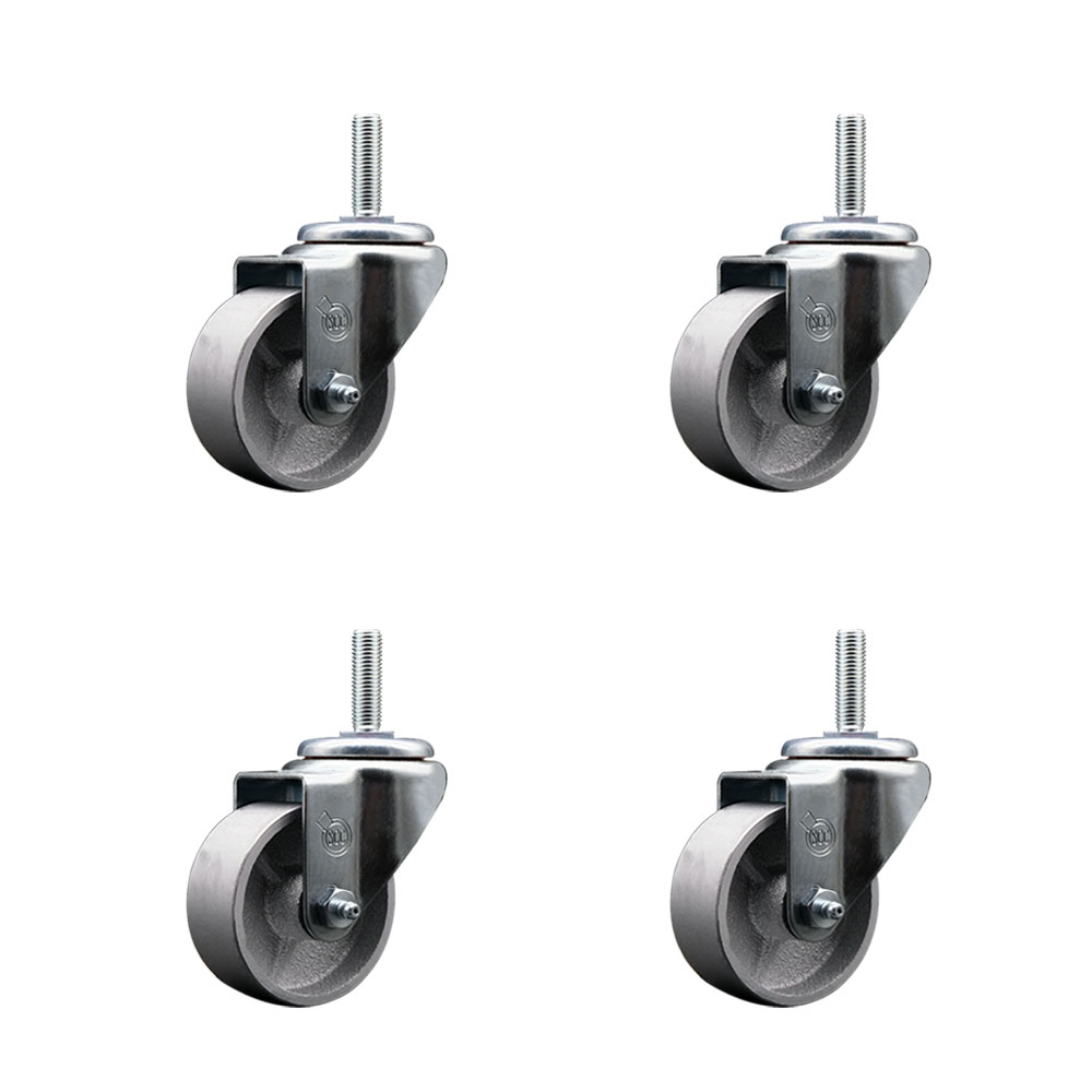 Semi Steel Cast Iron Swivel Threaded Stem Caster with Roller Bearing, 3 x 1.5 in. Silver Wheels & 0.75 in. Stems - Set of 4