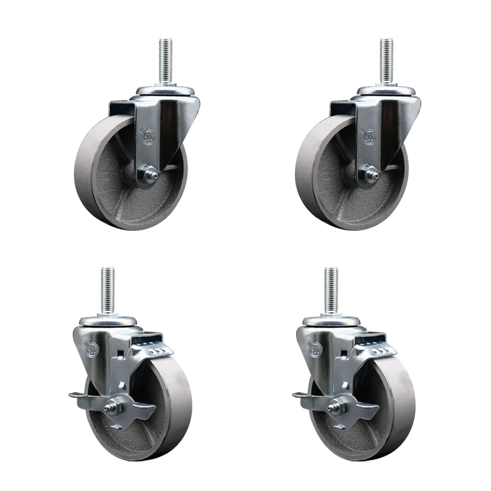 Semi Steel Cast Iron Swivel Threaded Stem Caster with Roller Bearing 4 x 1.5 in. Silver Wheels & 0.75 in. Stems - Set of 4