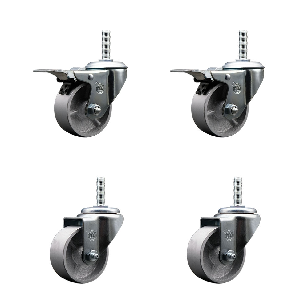 Semi Steel Cast Iron Swivel Threaded Stem Caster with Roller Bearing 3 x 1.5 in. Silver Wheels & 0.63 in. Stems - Set of 4