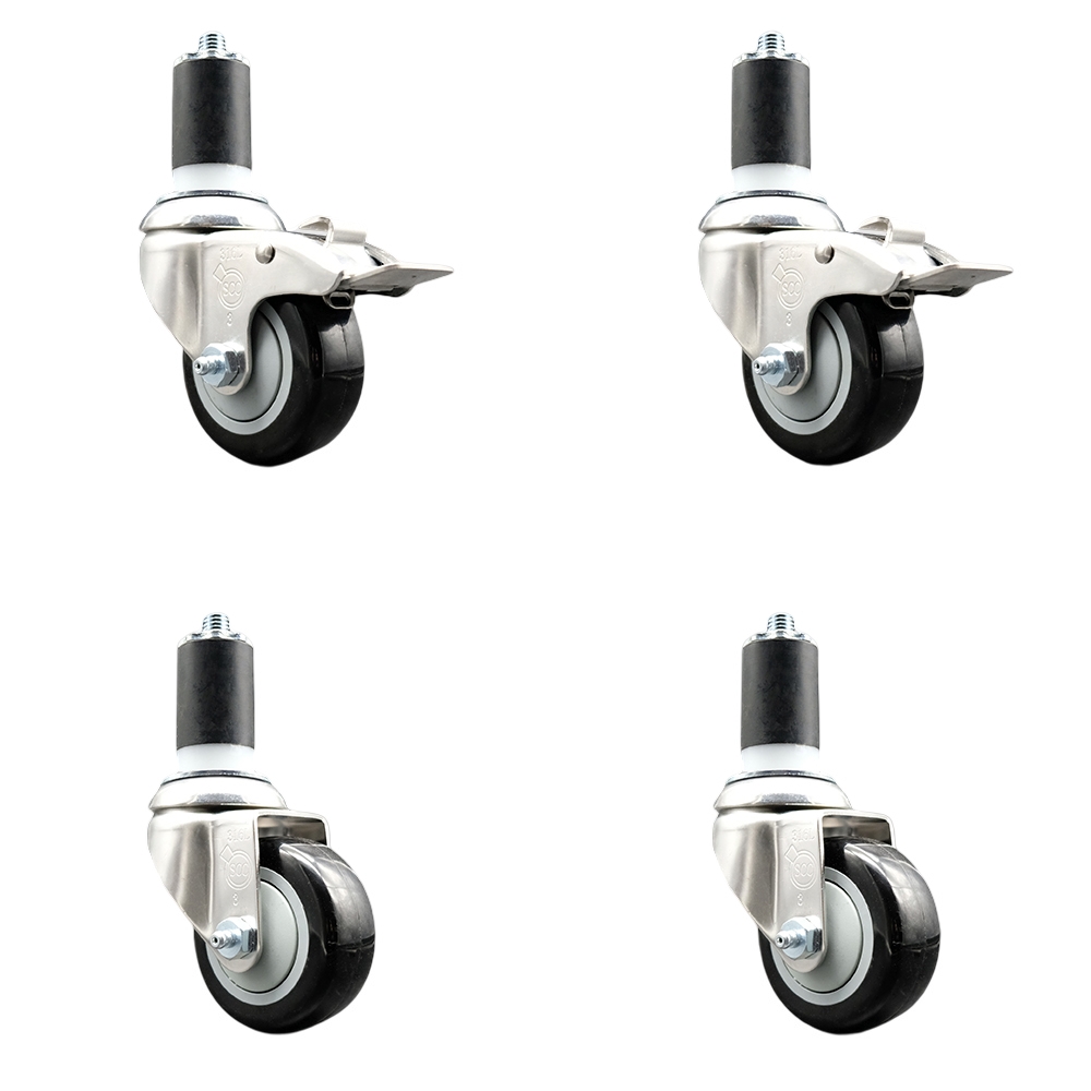 Polyurethane Swivel Stem Caster with 3.5 in. Black Caster Wheels, 1.5 in. Expanding Stem - 316 Stainless Steel Casters - Set of 4