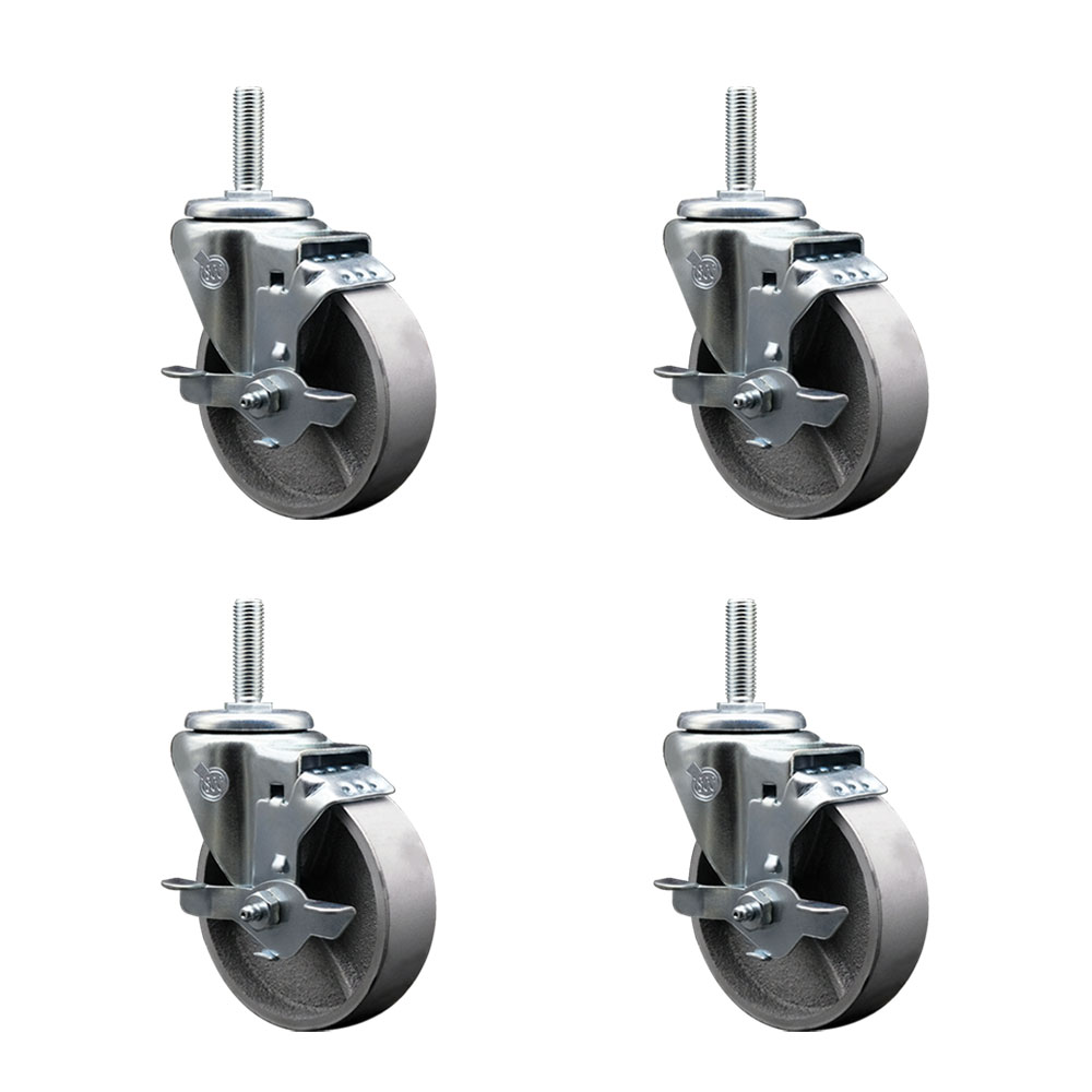 Semi Steel Cast Iron Swivel Threaded Stem Caster with Roller Bearing, 4 x 1.5 in. Silver Wheels & 0.63 in. Stems - Set of 4