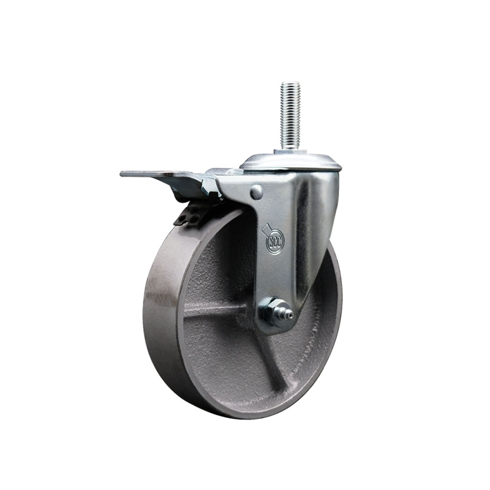 Semi Steel Cast Iron Swivel Threaded Stem Caster with Roller Bearing 5 x 1.5 in. Silver Wheel & 0.63 in. Stem & Total Locking Brake