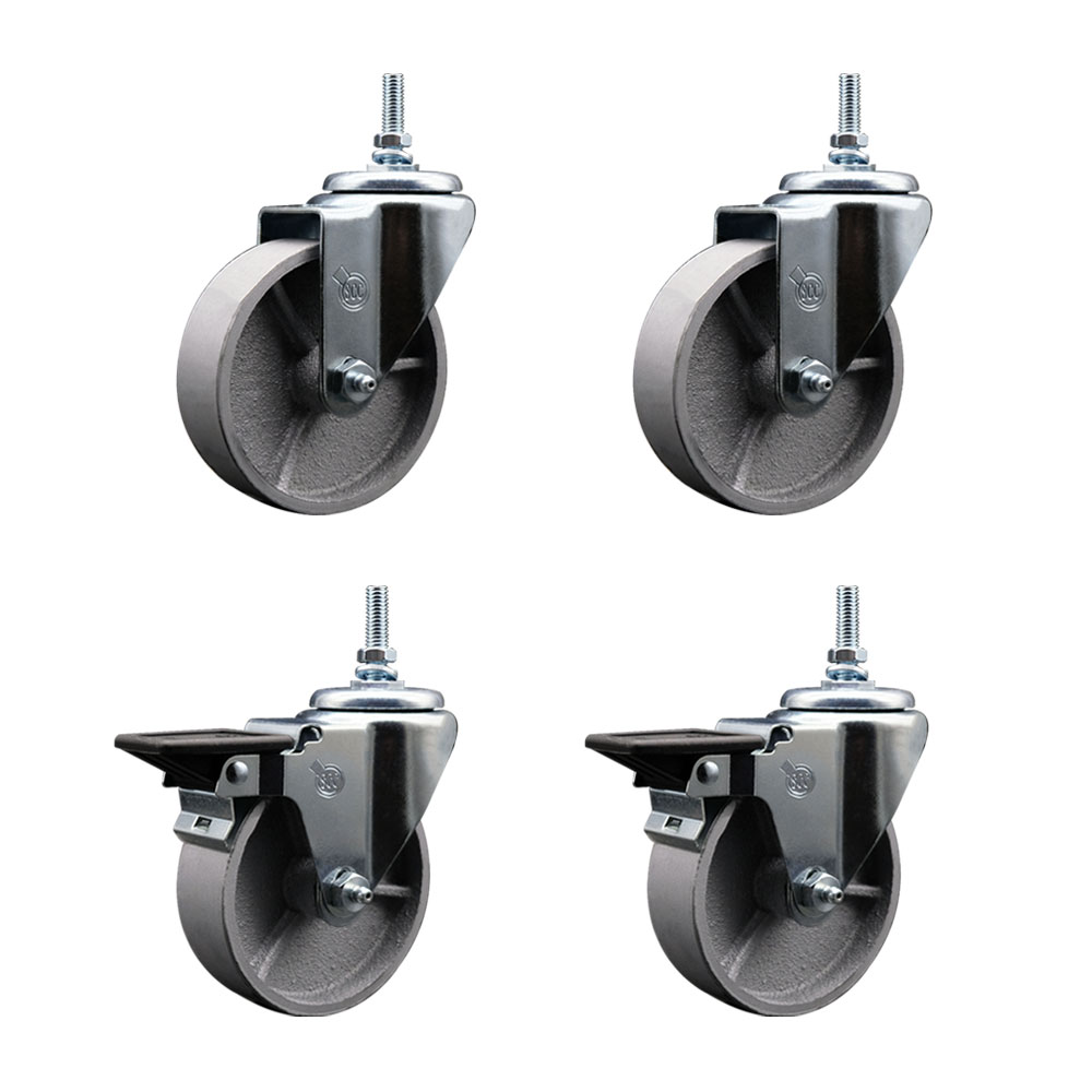 Semi Steel Cast Iron Swivel Threaded Stem Caster with Roller Bearing 4 x 1.25 in. Silver Wheels & 0.38 in. Stems - Set of 4