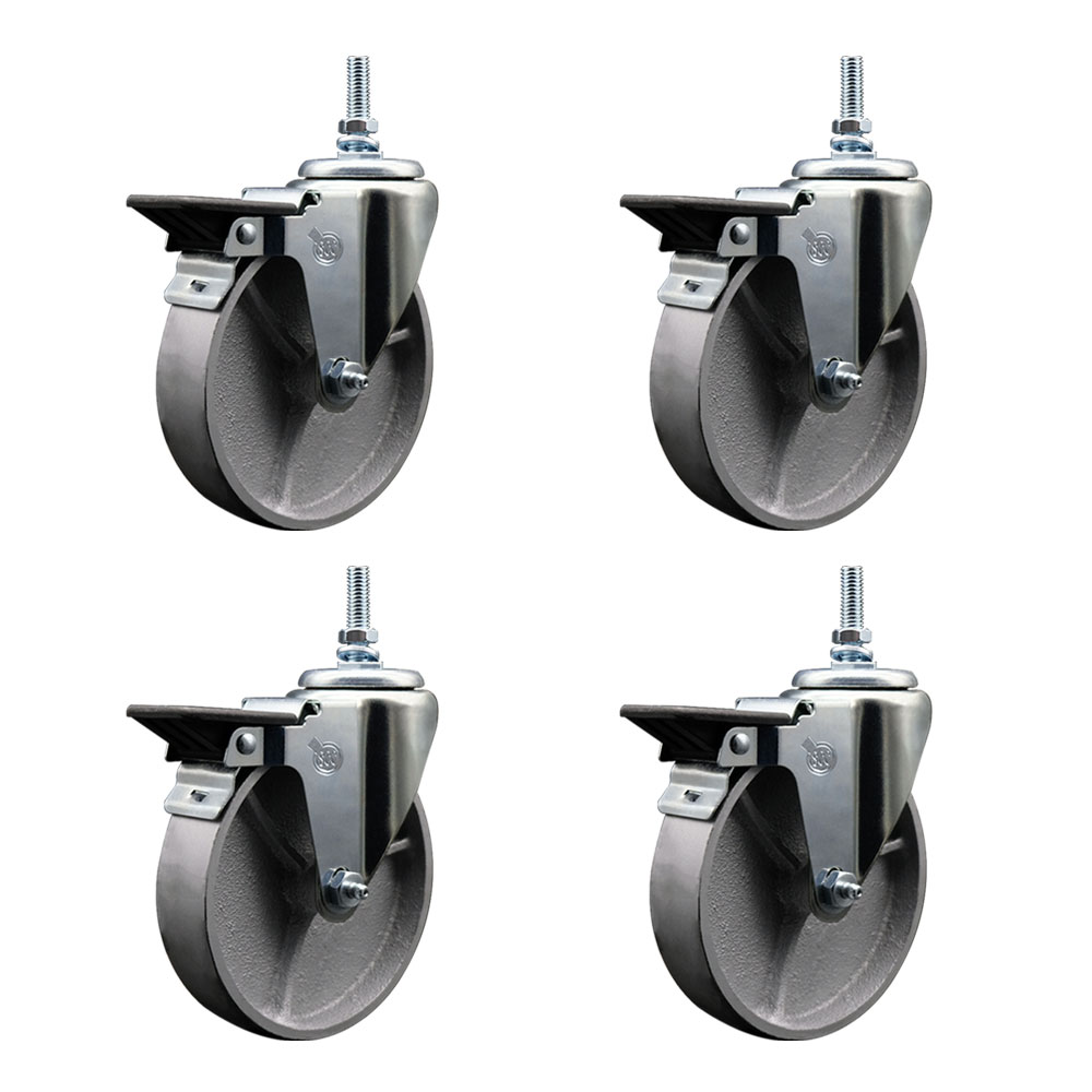 Semi Steel Cast Iron Swivel Threaded Stem Caster with Roller Bearing - 5 x 1.25 in. Silver Wheels & 0.38 in. Stems - Set of 4