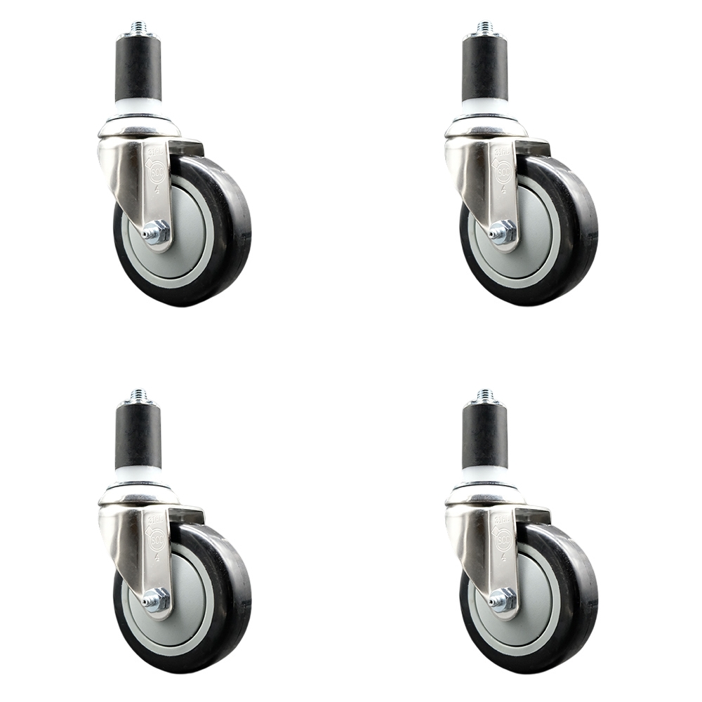 Polyurethane Swivel Stem Caster with 4 in. Black Caster Wheels, 1.63 in. Expanding Stems - 316 Stainless Steel Casters - Set of 4