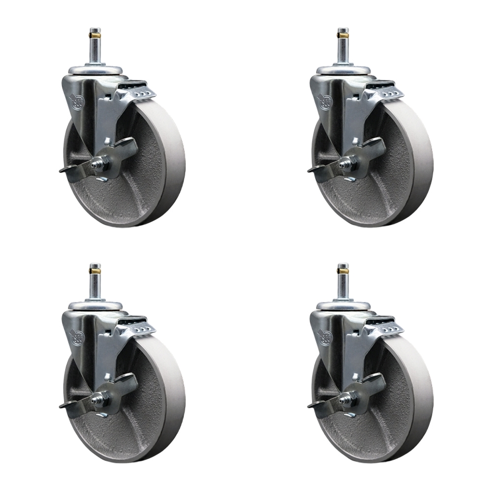 Semi Steel Cast Iron Swivel Grip Ring Stem Caster with Roller Bearings, with 5 x 1.5 in. Silver Wheels & 0.43 in. Stems - Set of 4