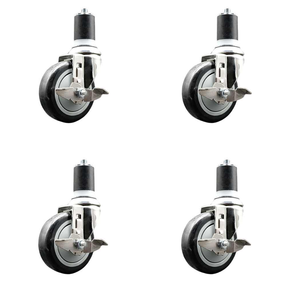 Polyurethane Swivel Stem Caster with 4 in. Black Caster Wheels, 1.75 in. Expanding Stems - 316 Stainless Steel Casters - Set of 4