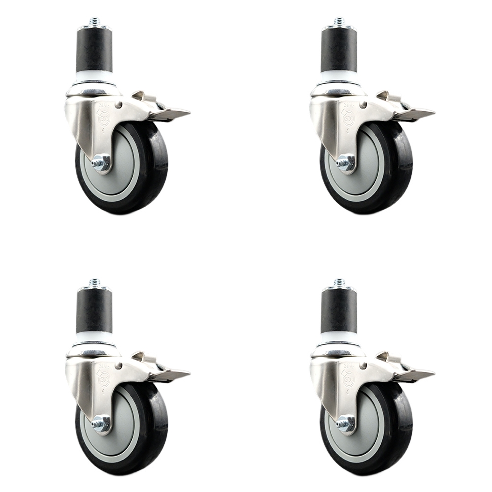 Polyurethane Swivel Stem Caster with 4 in. Black Caster Wheels, 1.75 in. Expanding Stems - 316 Stainless Steel Casters - Set of 4