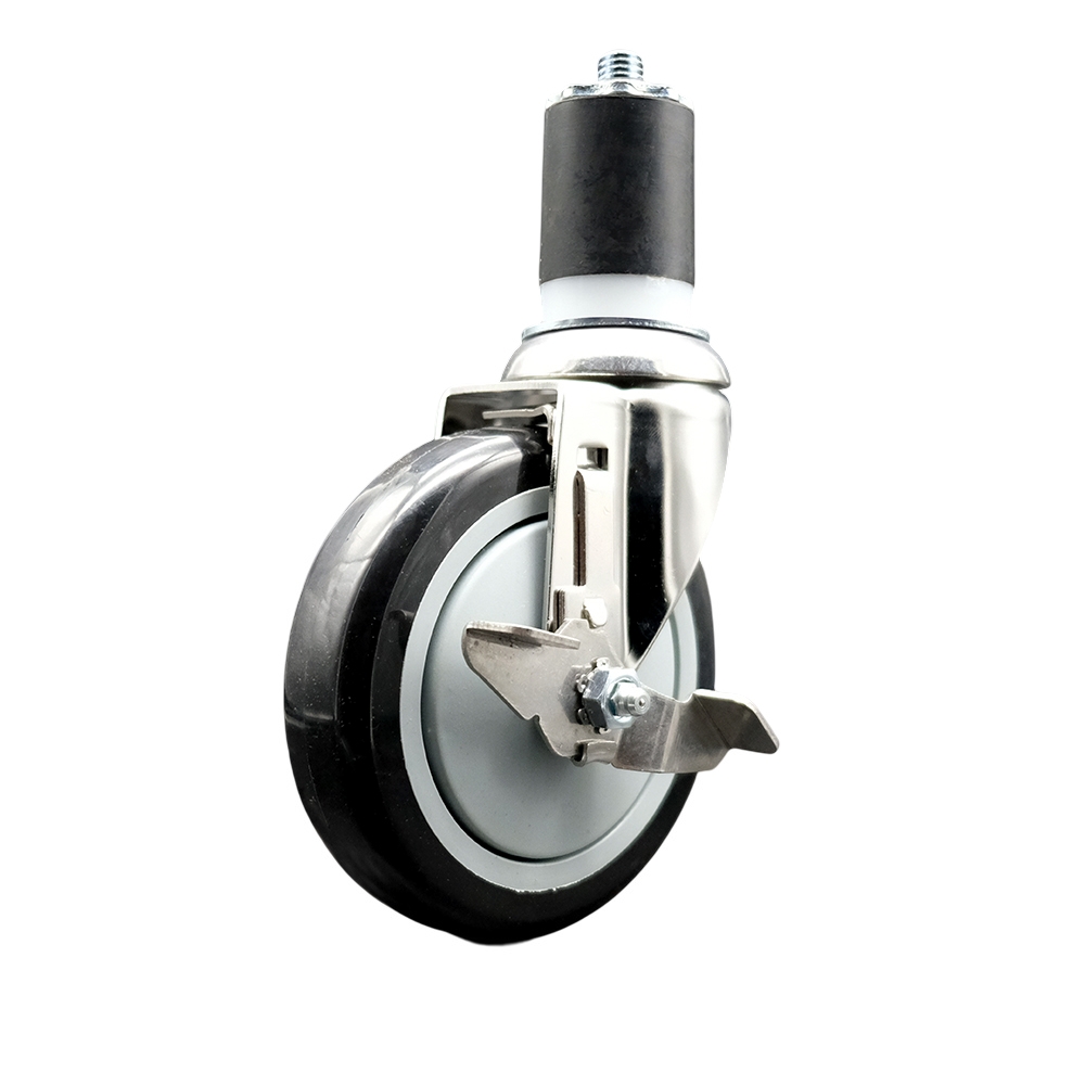 Polyurethane Swivel Stem Caster with 5 in. Black Caster Wheels & Top Lock Brake, 1.75 in. Expanding Stem - 316 Stainless Steel Caster