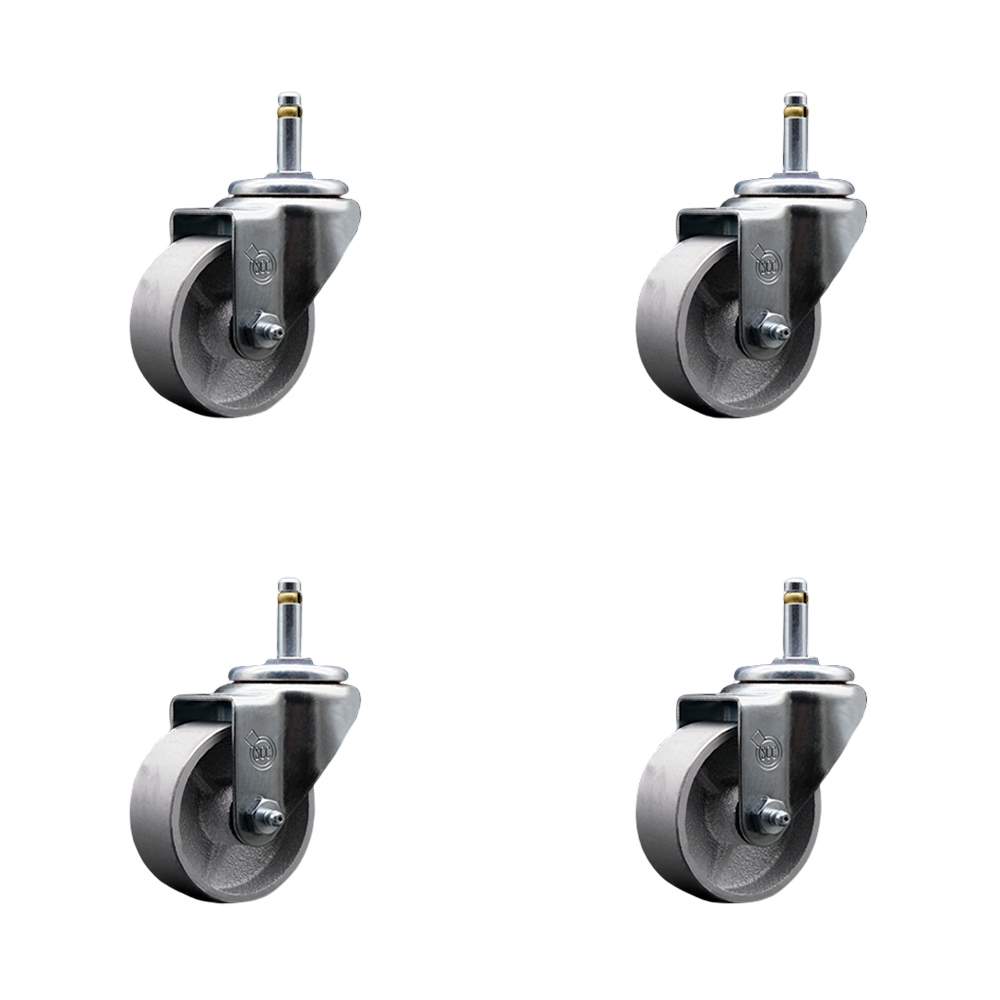 Semi Steel Cast Iron Swivel Grip Ring Stem Caster with Roller Bearings, with 3 x 1.5 in. Silver Wheels & 0.43 in. Stems - Set of 4