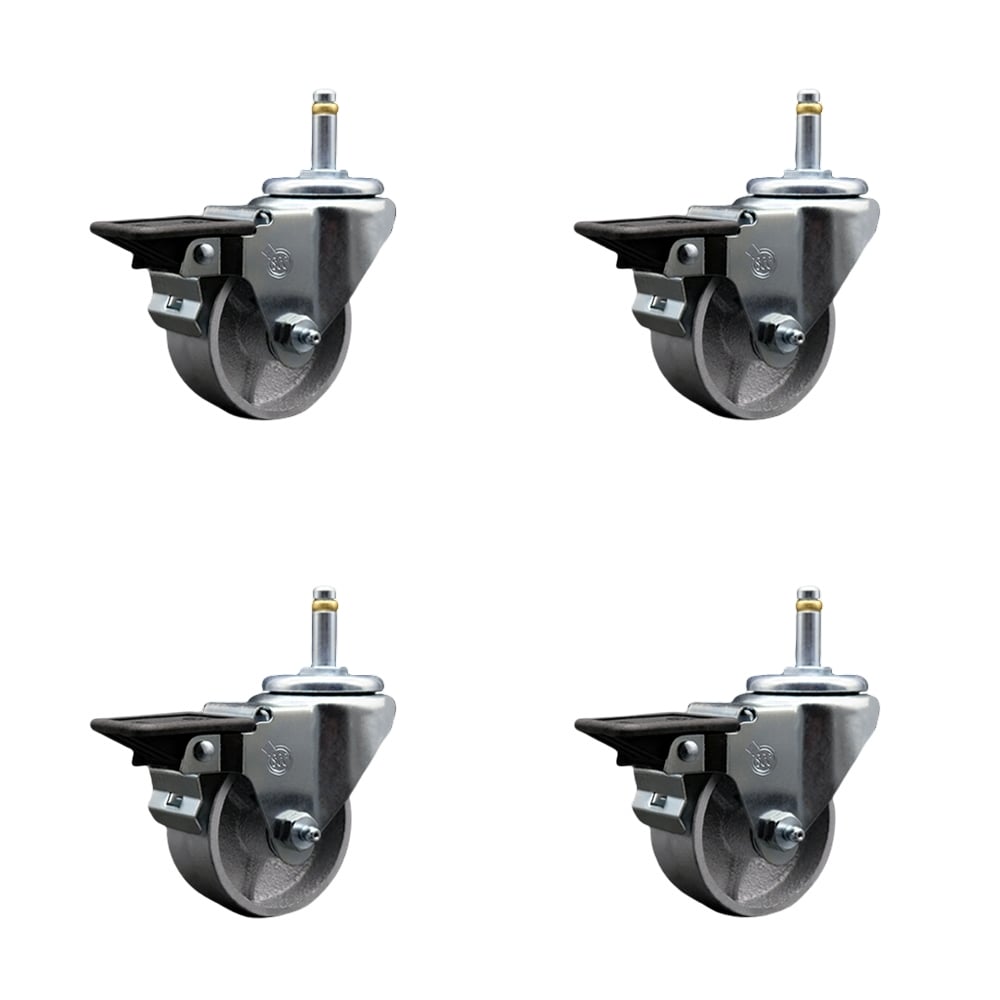 Semi Steel Cast Iron Swivel Grip Ring Stem Caster with Roller Bearings, with 3 x 1.5 in. Silver Wheels & 0.43 in. Stems - Set of 4