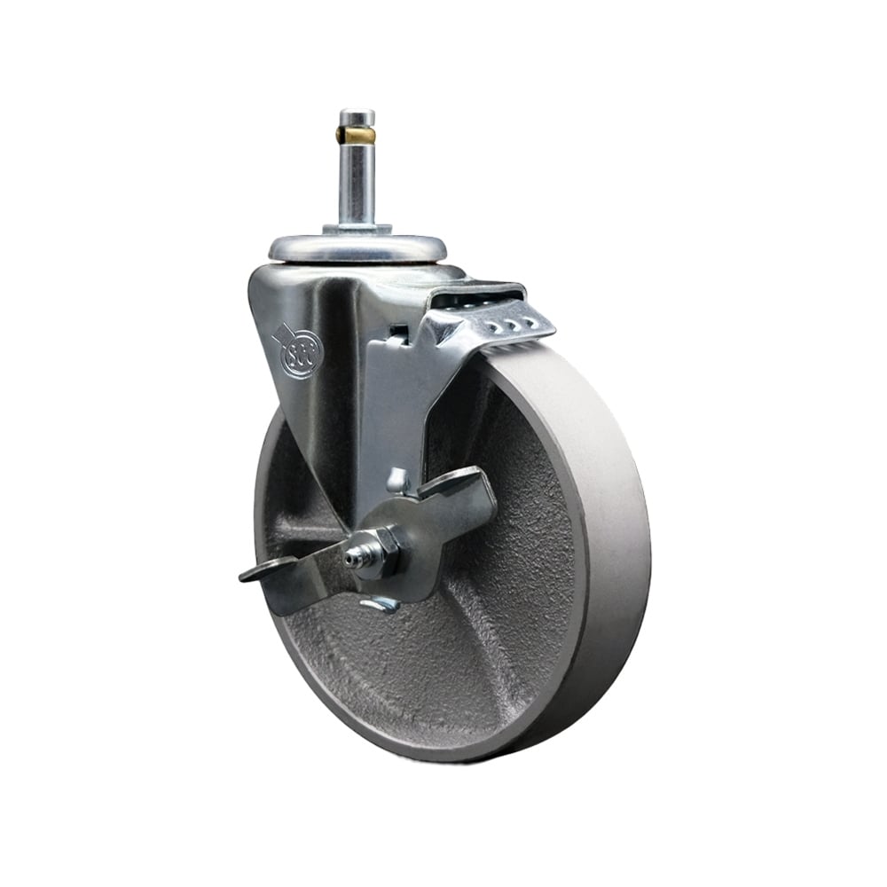 Semi Steel Cast Iron Swivel Grip Ring Stem Caster with Roller Bearing, 5 x 1.5 in. Silver Wheel & 0.43 in. Stem & Top Locking Brake