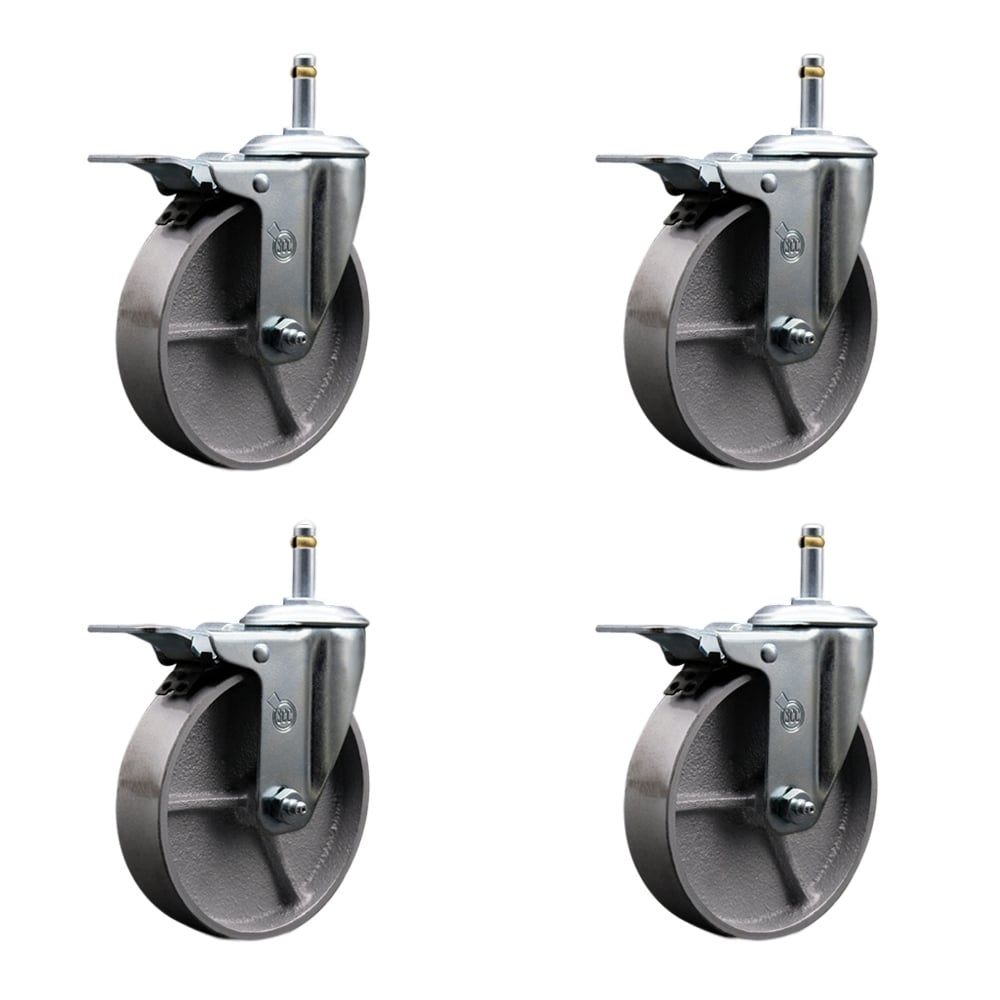 Semi Steel Cast Iron Swivel Grip Ring Stem Caster with Roller Bearings, with 5 x 1.5 in. Silver Wheels & 0.43 in. Stems - Set of 4
