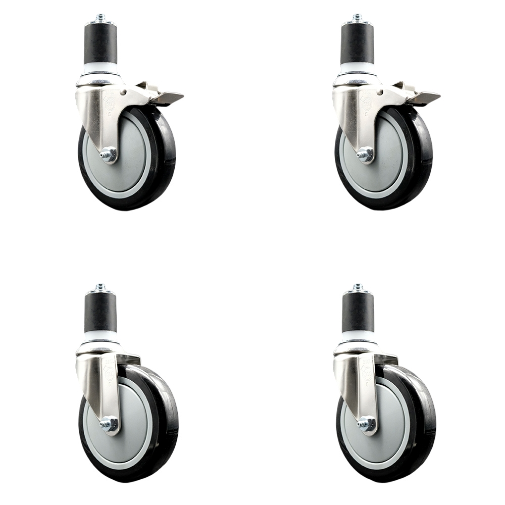 Polyurethane Swivel Stem Caster with 5 in. Black Caster Wheels, 1.75 in. Expanding Stem - 316 Stainless Steel Casters - Set of 4
