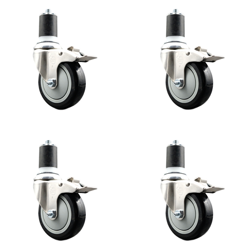 Polyurethane Swivel Stem Caster with 4 in. Black Caster Wheels, 1.87 in. Expanding Stems - 316 Stainless Steel Casters - Set of 4