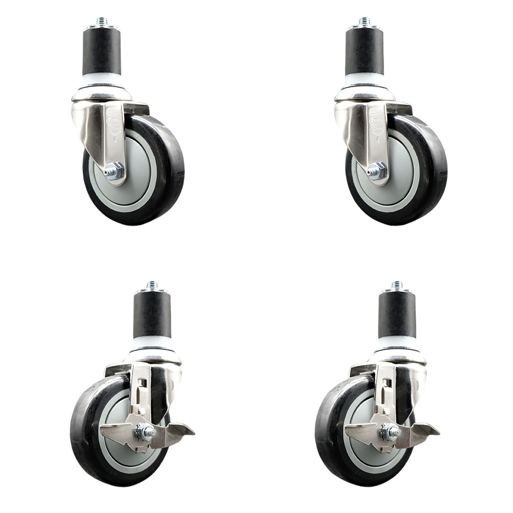 Polyurethane Swivel Stem Caster with 4 in. Black Caster Wheels, 1.87 in. Expanding Stems - 316 Stainless Steel Casters - Set of 4