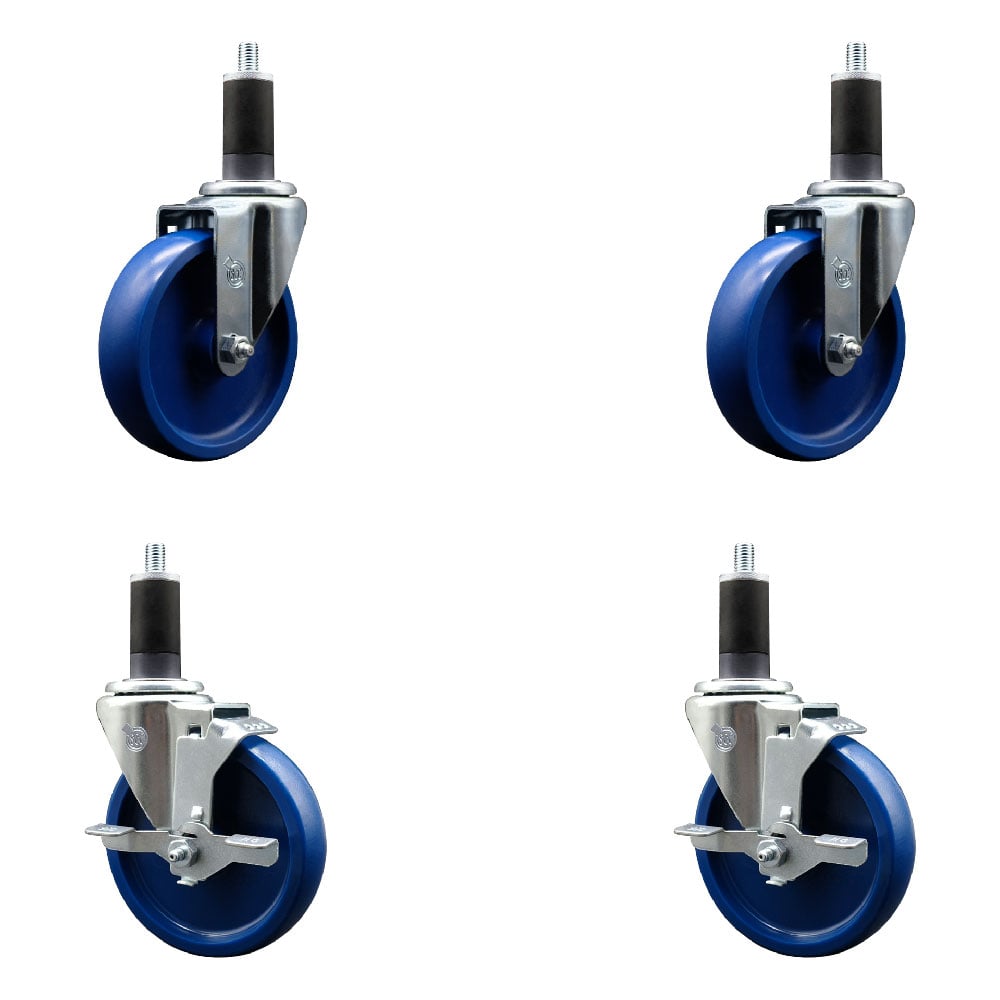 SCC-SSEX20S514-SPUS-2-TLB-2-114 Stainless Steel Solid Polyurethane Swivel Expanding Stem Caster with 5 in. Blue Wheels & 1.25 in. Stems - Set of 4