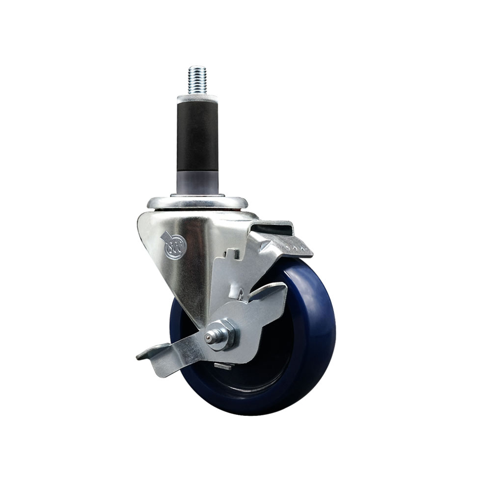 Stainless Steel Solid Polyurethane Expanding Stem Swivel Caster with 3.5 in. Blue Wheel & 1.13 in. Stem & Top Locking Brake