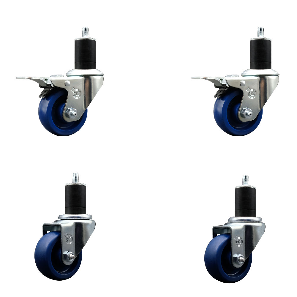 Stainless Steel Solid Polyurethane Swivel Expanding Stem Caster with 3 in. Blue Wheels & 1.75 in. Stems 2 with Total Locking Brakes - Set of 4