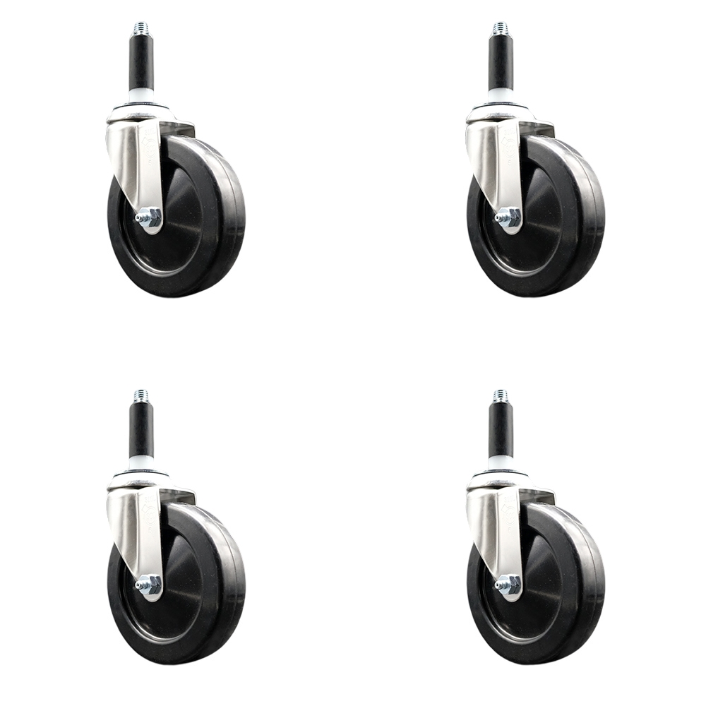 Hard Rubber Swivel Stem Caster with 5 in. Black Caster Wheels, 0.75 in. Expanding Stems - 316 Stainless Steel Casters - Set of 4