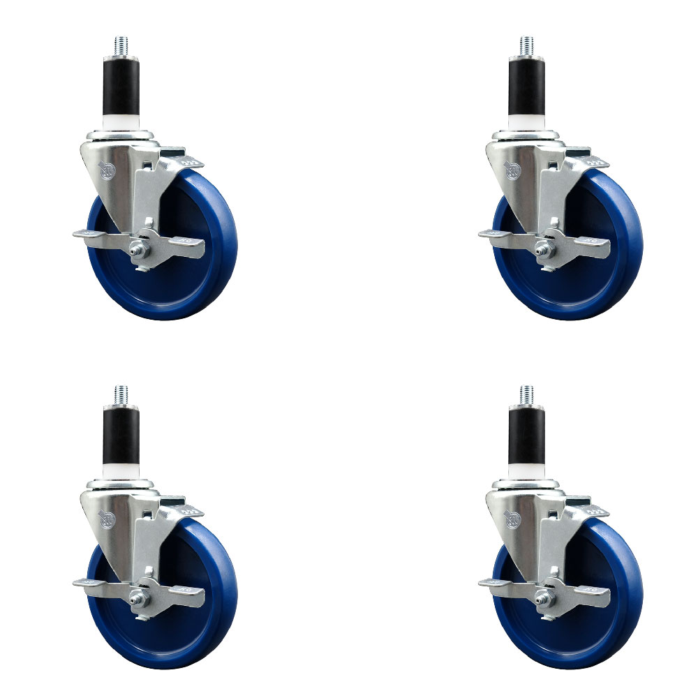 SCC-EX20S514-SPUS-TLB-138-4 Solid Polyurethane Swivel Expanding Stem Caster with 5 in. Blue Wheels & 1.38 in. Stems - Set of 4