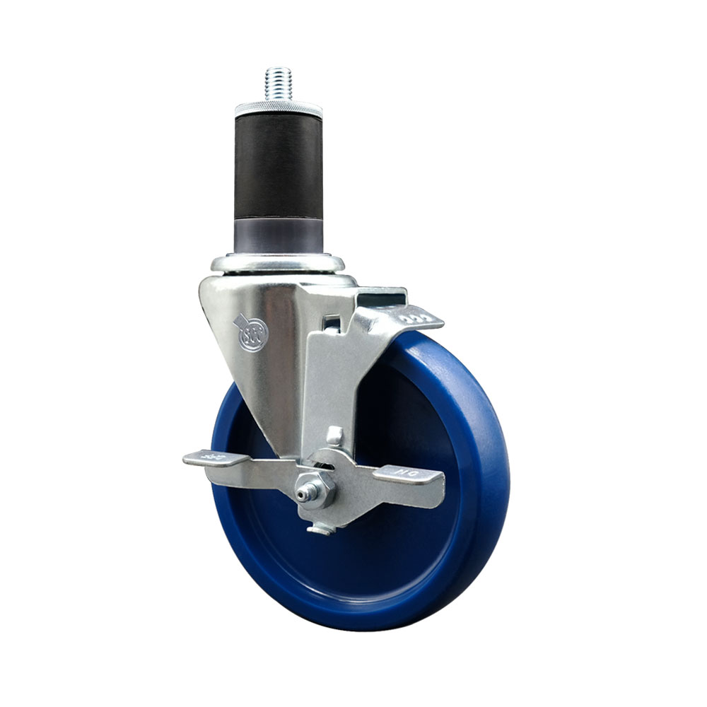 SCC-EX20S514-SPUS-TLB-158 Solid Polyurethane Expanding Stem Swivel Caster with 5 in. Blue Wheel & 1.63 in. Stem & Top Locking Brake