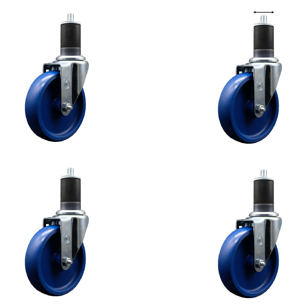 SCC-EX20S514-SPUS-158-4 Solid Polyurethane Swivel Expanding Stem Caster with 5 in. Blue Wheels & 1.63 in. Stems - Set of 4