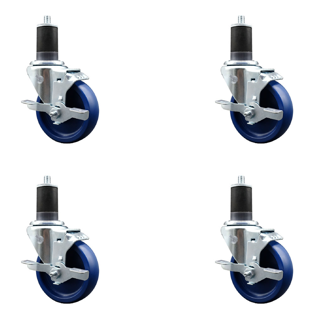 Stainless Steel Solid Polyurethane Swivel Expanding Stem Caster with 4 in. Blue Wheel & 1.63 in. Stems 4 Swivel with Top Locking Brake - Set of 4