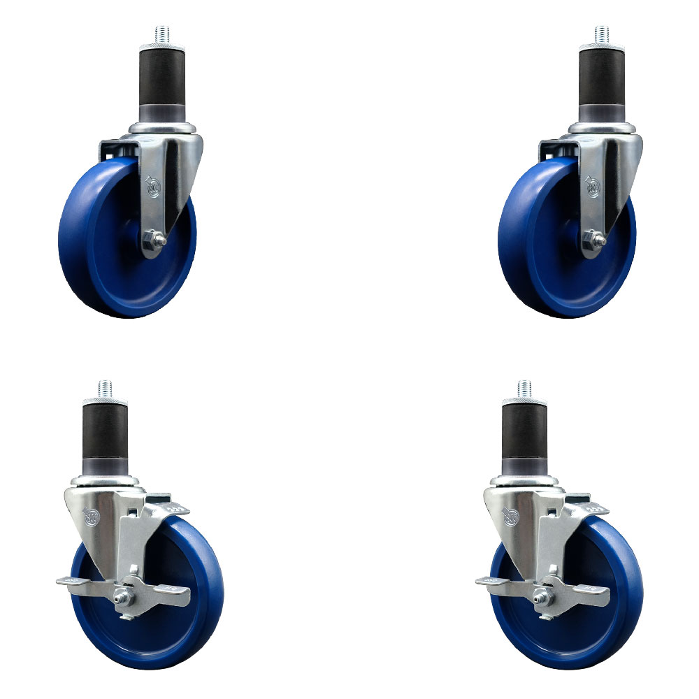 SCC-SSEX20S514-SPUS-2-TLB-2-158 Stainless Steel Solid Polyurethane Swivel Expanding Stem Caster with 5 in. Blue Wheels & 1.63 in. Stems - Set of 4