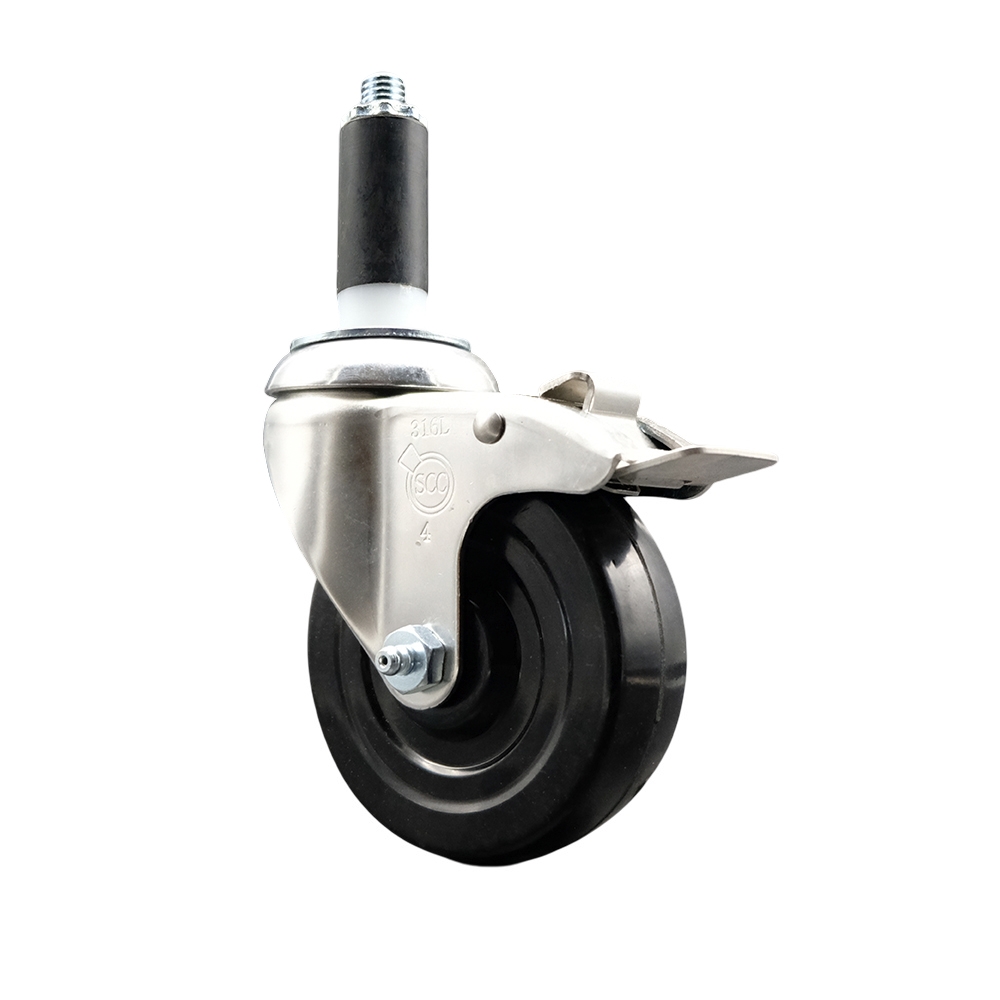 Hard Rubber Swivel 316 Stainless Steel Stem Caster with 4 in. Black Caster Wheel & Total Lock Brake, 1 in. Expanding Stem