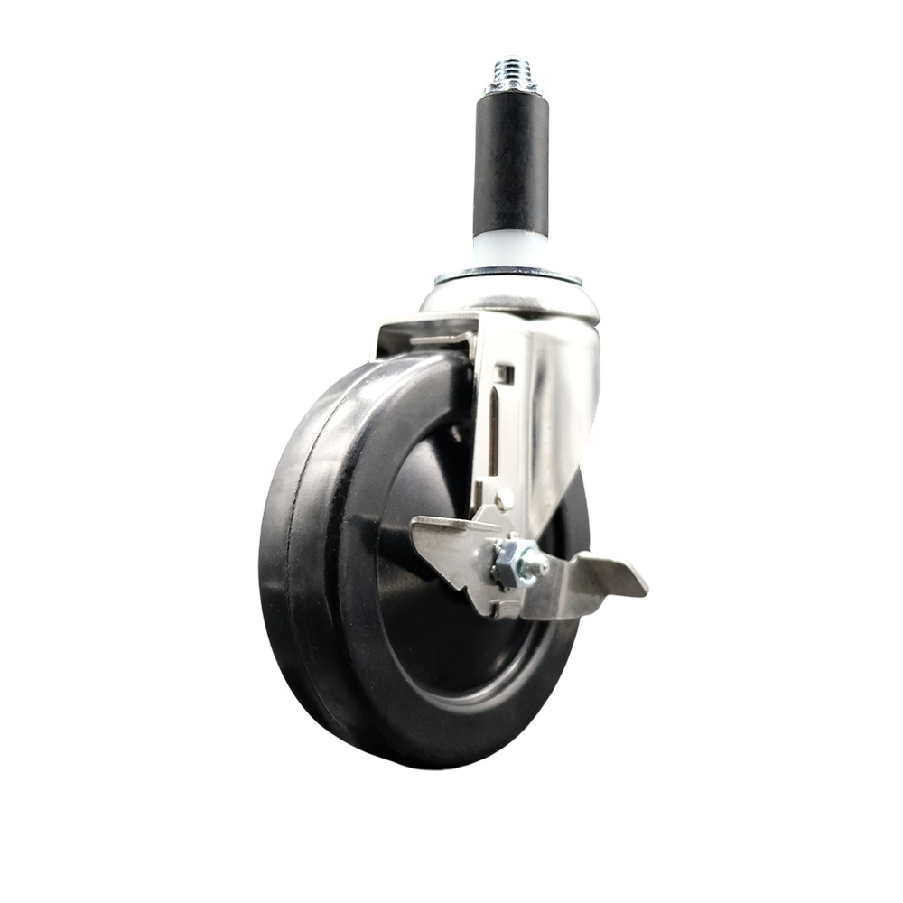 Hard Rubber Swivel Stem Caster with 5 in. Black Caster Wheel & Top Lock Brake, 1 in. Expanding Stem - 316 Stainless Steel Casters