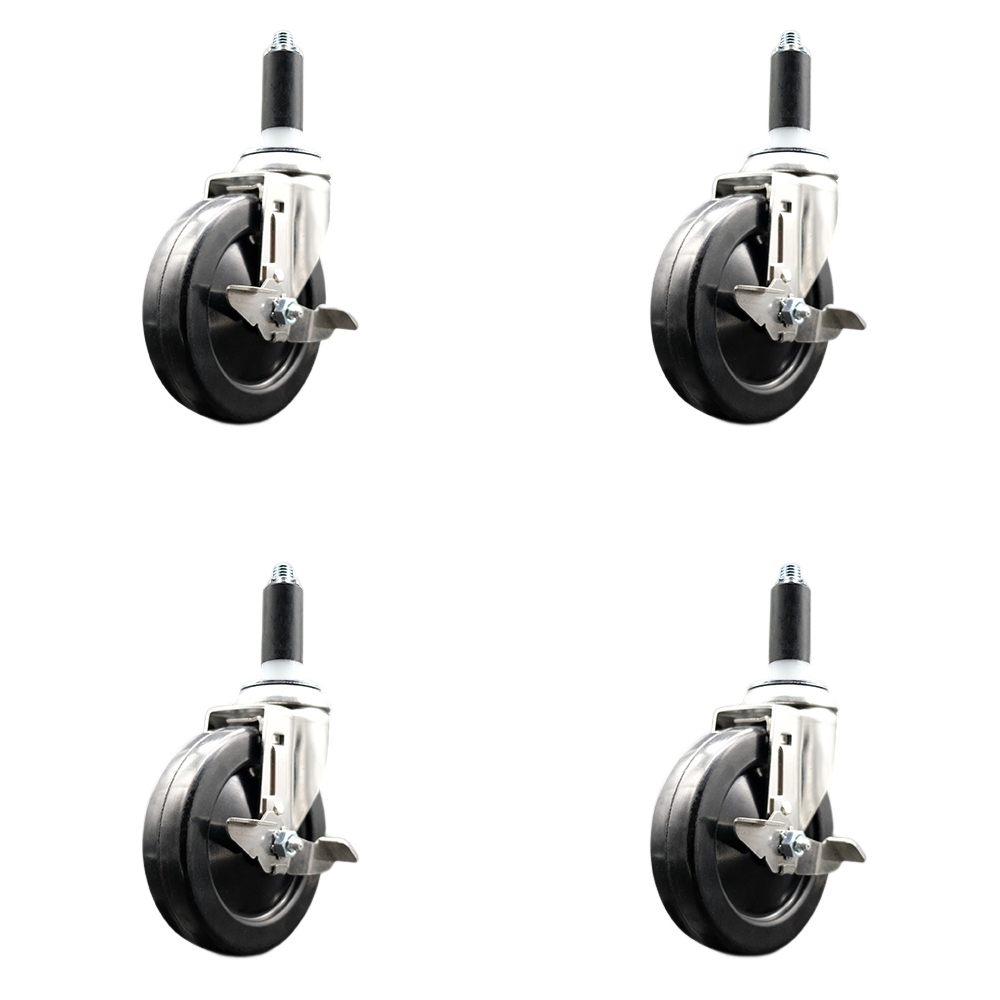 Hard Rubber Swivel Stem Caster with 5 in. Caster Wheels, 1 in. Expanding Stems - 316 Stainless Steel Casters - Set of 4