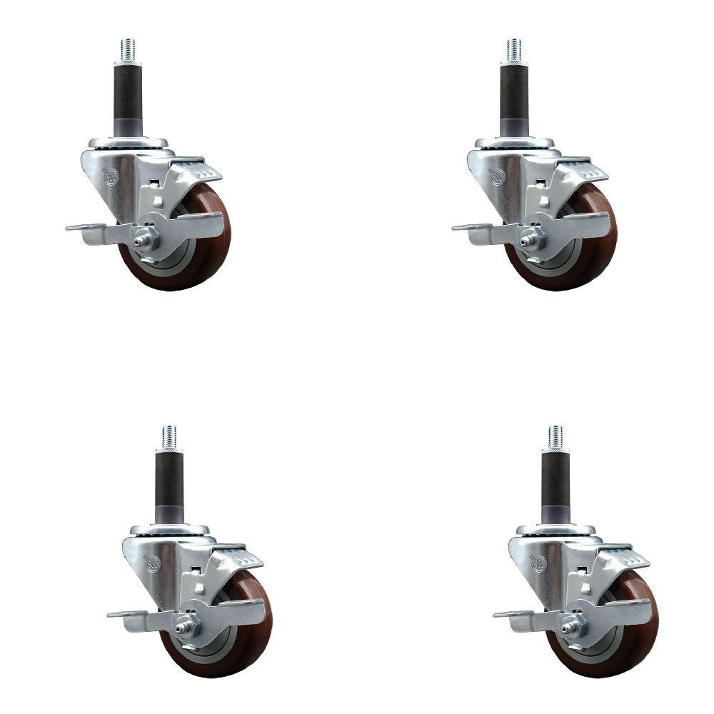 Stainless Steel Polyurethane Swivel Expanding Stem Caster with 3 in. Maroon Wheels & 1 in. Stems 4 Swivel with Top Locking Brakes - Set of 4